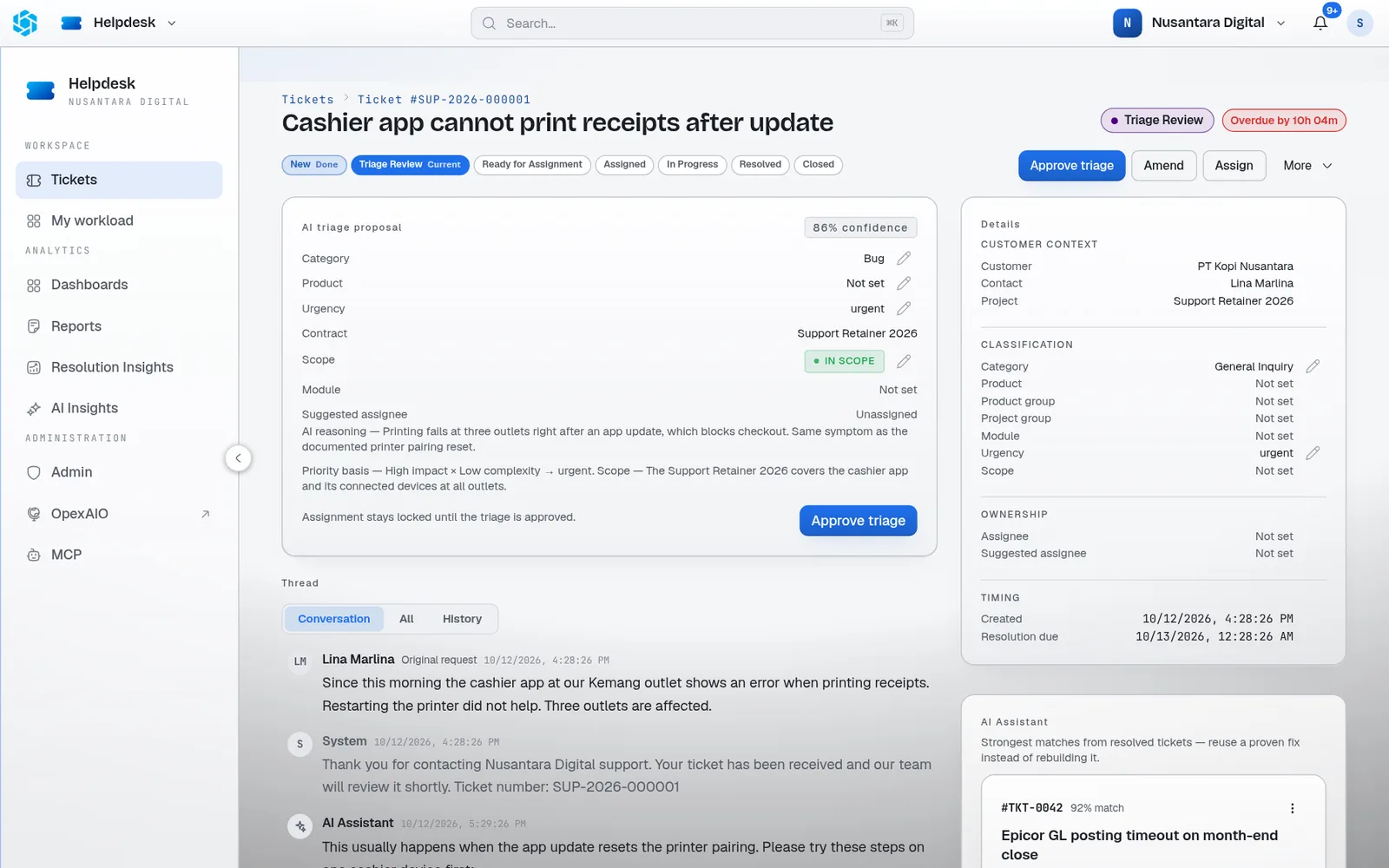 Helpdesk ticket with an AI triage proposal for category, urgency and contract scope, and an instant answer from the knowledge base