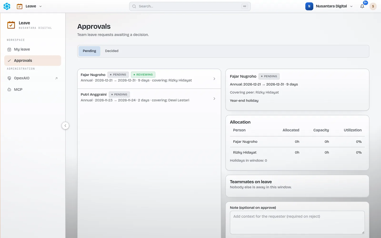 Leave approval showing the requester's workload and who covers for them