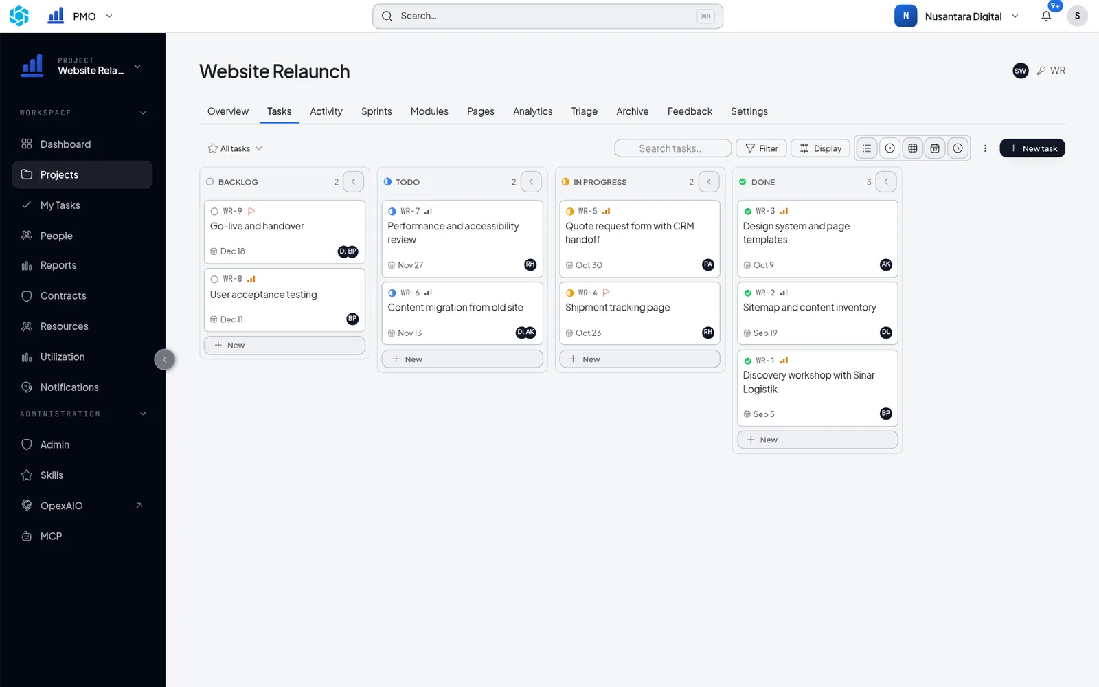 PMO task board for a website relaunch, from backlog to done